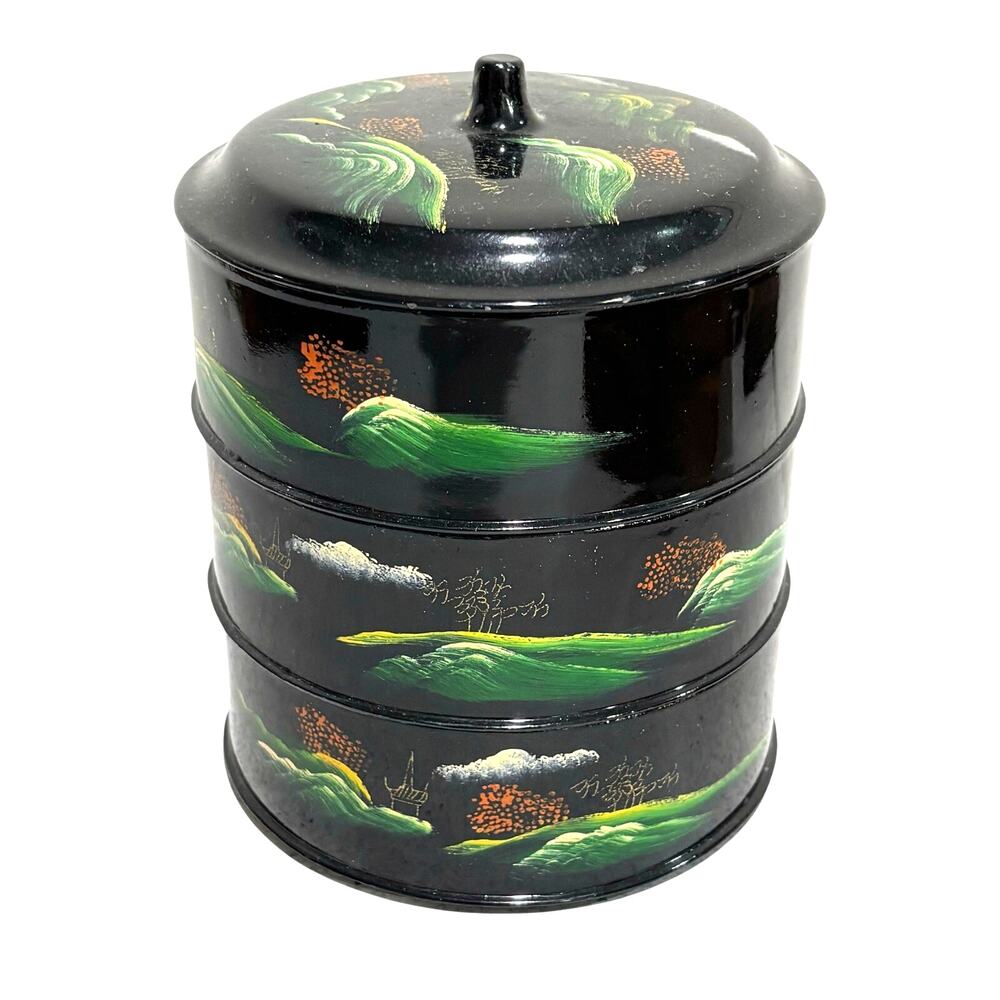 Vintage black lacquer cylinder Bento Box hand painted landscape 3 bowls + lid